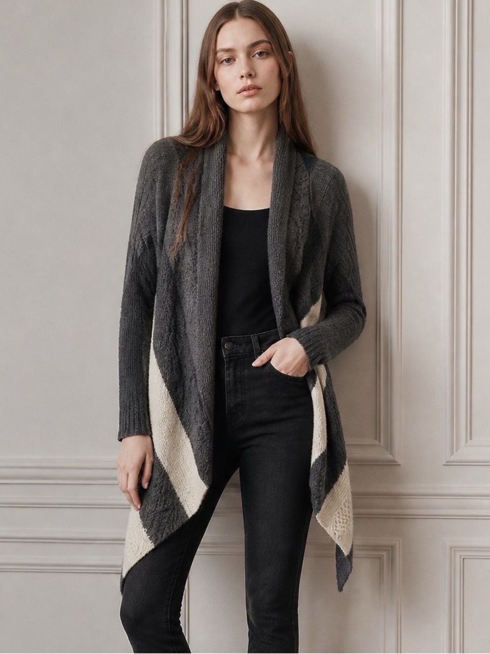 Smart Set Wool Blend Open Front Cardigan Colorblock Gray/Cream Size Petite Small